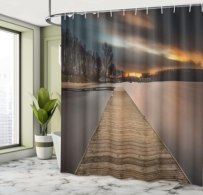 Ambesonne Landscape Shower Curtain, Lake Landscape with Jetty Cloudy and Dramatic Sky Scene at Sunset Image, Cloth Fabric Bathroom Decor Set with Hooks, 69" W x 84" L, Umber Black