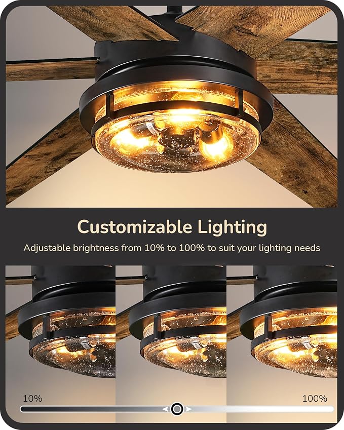 EDISHINE 70" Large Farmhouse Ceiling Fans with Lights and Remote,10%-100% Dimmable, Wood Blades, 8000CFM Indoor Black Ceiling Fan for Living Room Patio Office, 6 Speed Reversible Quiet DC Motor