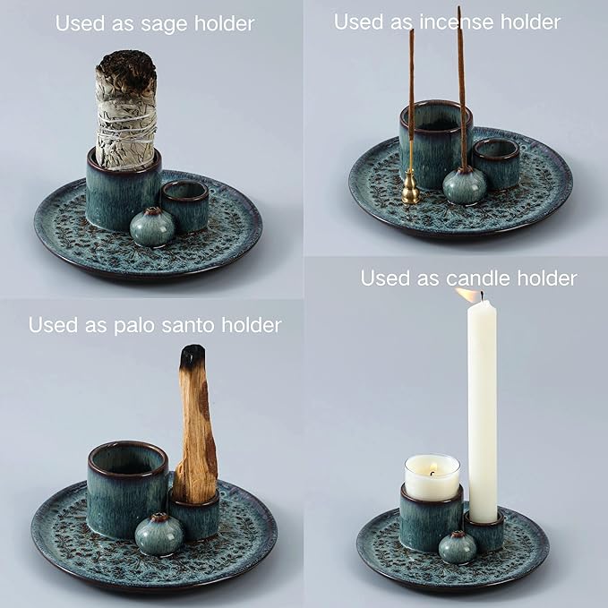 5 in 1 Incense Holder Burner, 5.9" Ceramic Holder for Burning Palo Santo Sage Candle and Incense Sticks Cones, Ash Catcher Tray for Meditation Room Home Décor (Bluegrey)
