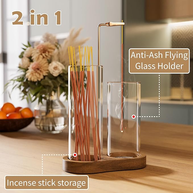 2 in 1 Incense Holder for Sticks with Glass Ash Catcher, Anti-Ash Flying Upside Down Insence Stick Burner, Modern Vertical Inscents-Sticks Holder for Yoga Spa Meditation Home Decor