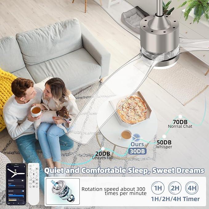 OKELI 52" Smart Ceiling Fan with Light, WiFi Enabled for Alexa & App Control, Reversible Brushed Nickel Modern Ceiling Fan with Dimmable LED Light and Remote, Clear Blades for Living Room Bedroom