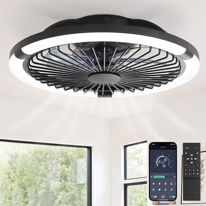 LEDIARY 20" Bladeless Ceiling Fan with Light,Low Profile LED Ceiling Fans with Remote & Smart APP Control,Modern Enclosed Flush Mount Fandelier with Timming,6 Speed,3000-6000K,Bedroom,Kids Room-Black