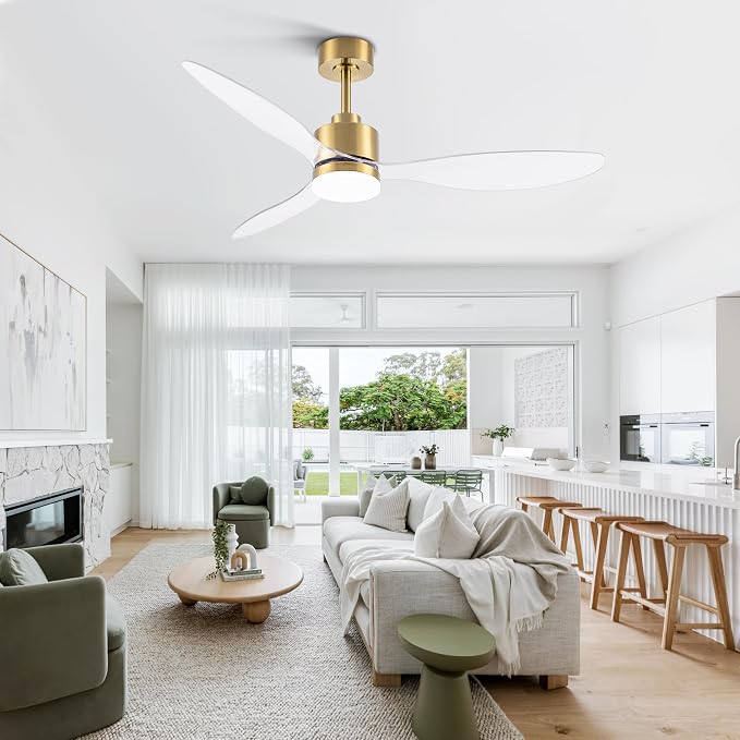 52 Inch Ceiling Fans with LED Light Remote Control, Modern Ceiling Fan with Reversible DC Motor, 3 Blades and 3 Color Temperature, LED Light Chandelier for Bedroom (Gold & 3 Transparent Blades)