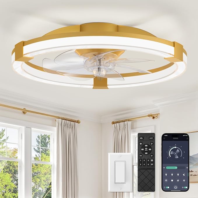 LEDIARY Ceiling Fans with Lights, 20 Inch Low Profile Ceiling Fan with Remote, 6 Speeds, Reversible, Dimmable Flush Mount Fan Light, Modern Fandelier Ceiling Fan with Lights for Bedroom, Gold