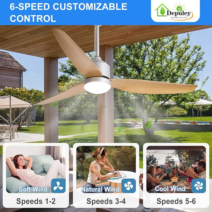 Depuley Outdoor Ceiling Fan with Light: 52 Inch Nickel Waterproof Gazebo Fans with Lights Outdoor Hanging - Plug in Remote App Control for Patio Indoor Farmhouse Porch - 6 Speed Reversible DC Motor