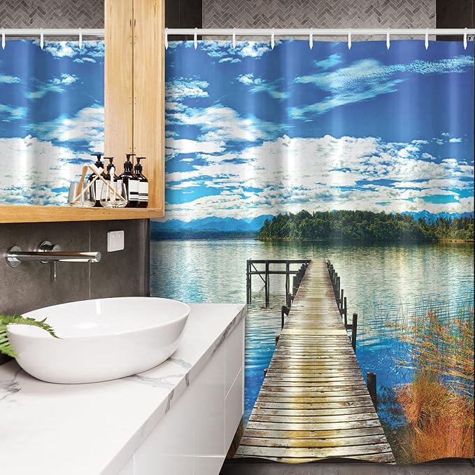 Ambesonne Beach Stall Shower Curtain, Countryside with Lake Trees Pier Cloudy Summer Sky Water Reflection Rural, Fabric Bathroom Decor Set with Hooks, 54" W x 78" L, Green Orange