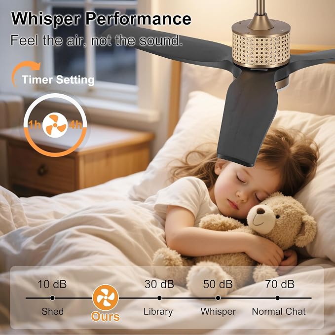 LEDLUX 52" Ceiling Fan with Light – Remote Control, Solid Wood, Quiet Reversible DC Motor, Black/Gold Finish, Includes 4.5"/12" Downrods, Noiseless Ceiling Fan for Bedroom, Living Room, Porch