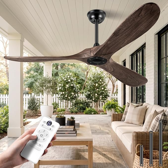 60" Ceiling Fans Without Light, Solid Wood Ceiling Fan No Light with Remote Control and DC Motor, Outdoor Ceiling Fan with 3 Blades, Outdoor fan for Patios - Deep Brown