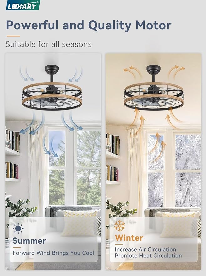 LEDIARY 22 inch Caged Ceiling Fan with Light, Fandelier Industrial Ceiling Fan with Remote, Farmhouse Fan Lights Ceiling Fixtures for Kitchen, Bedroom, Outdoor（6 Speed, Timing）-Brown