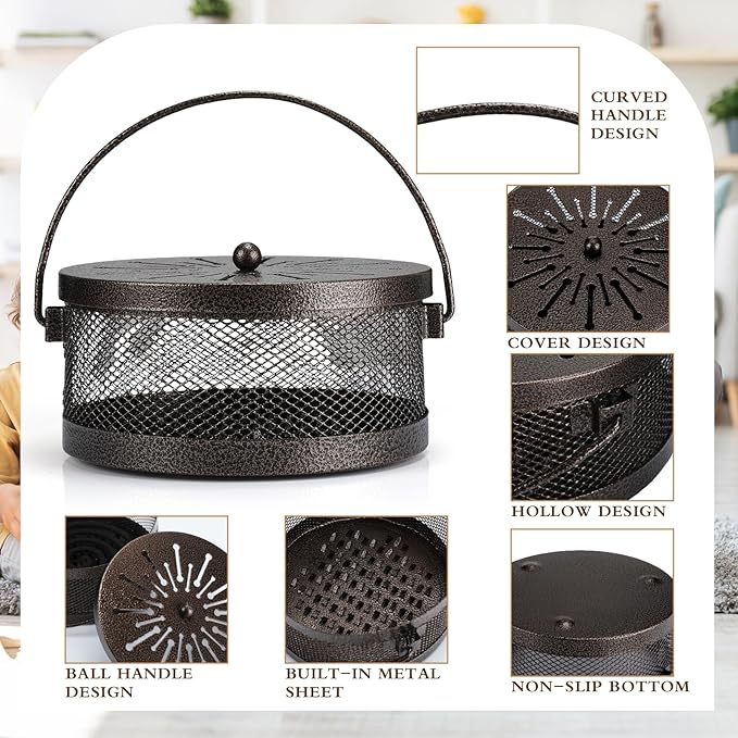 Lallisa 4 Pieces Mosquito Coil Holder Incense Coil Holder Round Retro Portable Metal Hanging Incense Burner with Handle for Home Camping Indoor Outdoor Patio(Bronze)