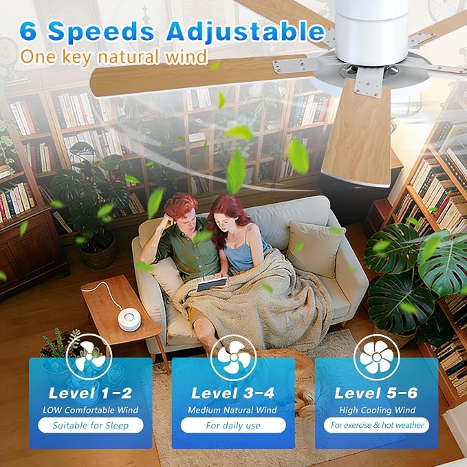 Ceiling Fan with Lights, Smart Flush Mount Ceiling Fan with Remote/APP/Offline Voice Control, 6 Speeds Reversible, 3-Color Dimmable LED,Modern Low Profile Ceiling Fan for Bedroom Living Room 52"