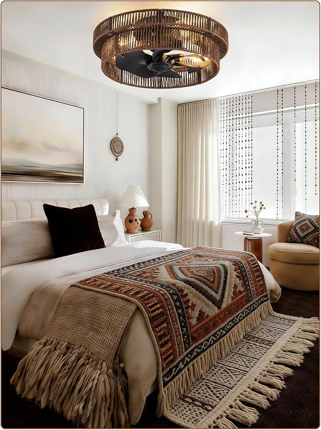 Handwoven Boho Ceiling Fans with Lights Flush Mount,Black Farmhouse Caged Fandelier Low Profile Enclosed Chandelier Fan with 6 Speeds for Bedroom,Nursery,Dining Room(Rattan Brown)