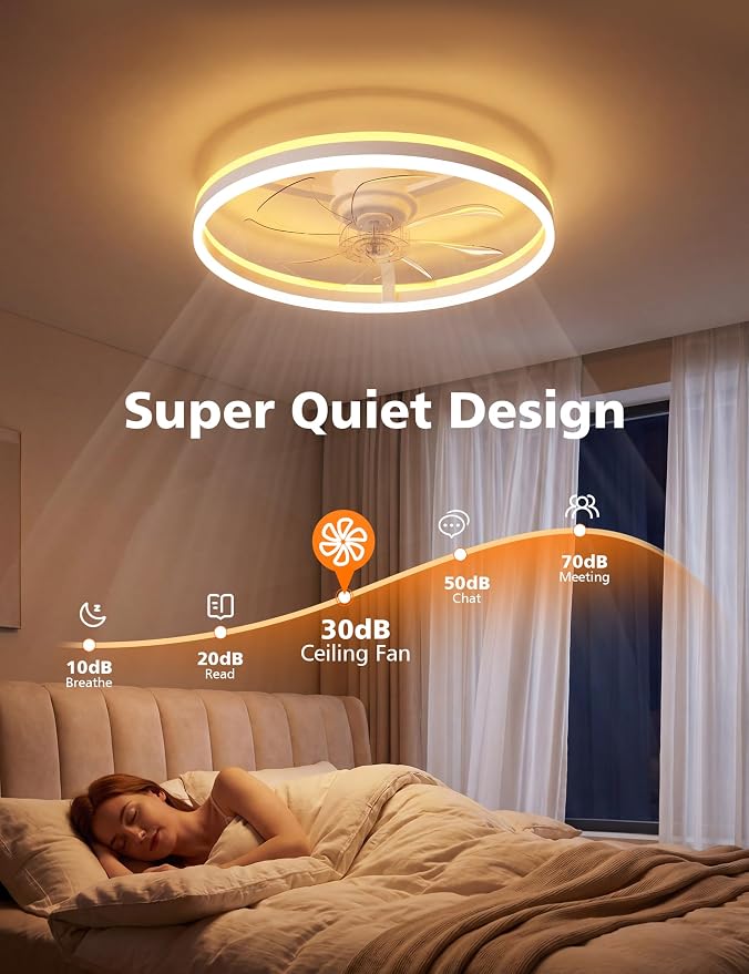 NIORSUN RGB Ceiling Fans with Lights and Remote, Modern Smart LED Ceiling Fans Light, 6 Speeds & 3000K-6500K Dimmable, Quiet Bladeless Fandelier Ceiling Fan with Light for Bedroom (24Inch,White)