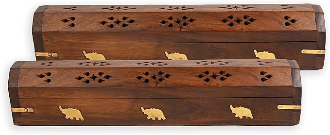 Incense Garden Pack of 2 Incense Stick Holder - Coffin Style - Wood Incense Stick Burner with Elephant Inlays (Natural) Handmade with Brass Inlays