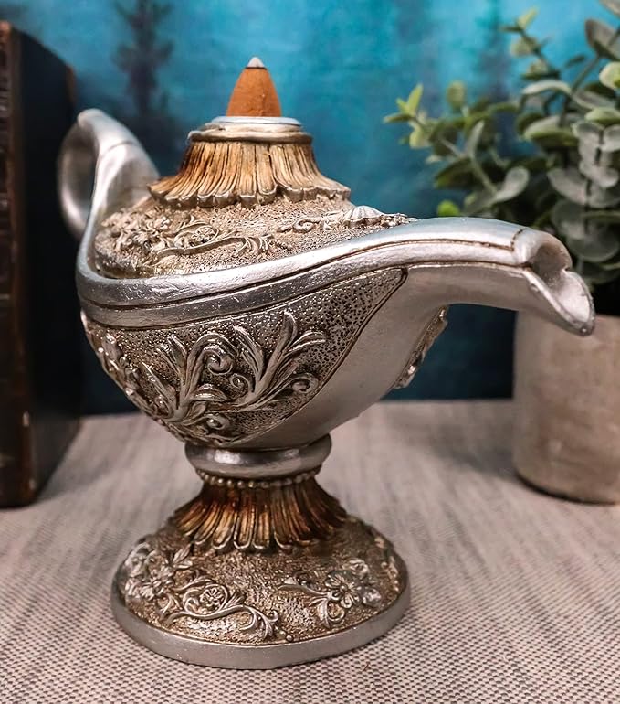 Ebros Gift Floral Ornate Aladdin Genie Magical Lamp Shaped Backflow Incense Cone Holder Burner Figurine Altar Arabian Night Middle Eastern Magic Lamps Design Home Aromatherapy Accent Sculpture