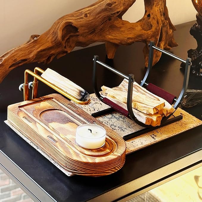3-in-1 Palo Santo Holder & Burner – Wooden Base Sage Holder with Metal Frame for Palo Santo Sticks, Aromatherapy, Meditation & Smudging Rituals (3 in 1)