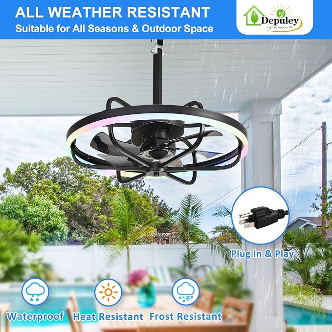 Depuley 20" Outdoor Ceiling Fan with Light: RGB Waterproof Gazebo Hanging Fan with Remote App Control - Dimmable Plug in Caged outdoor Ceiling Fans for patios Porch 6 Speeds