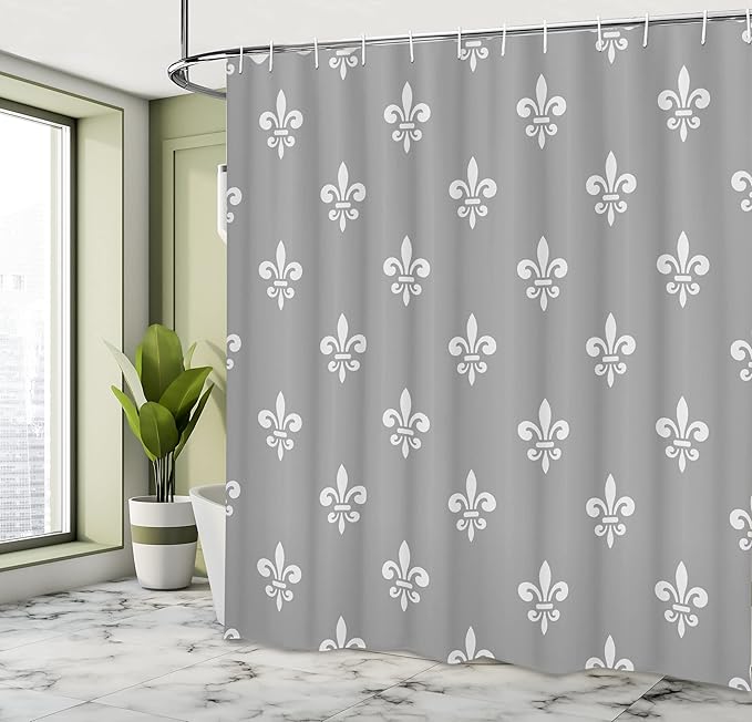 Ambesonne Fleur De Lis Shower Curtain, Royal Petal Floral Lily in Simple Old Style Ornate Antiquity Abstract, Cloth Fabric Bathroom Decor Set with Hooks, 69" W x 75" L, Taupe Grey