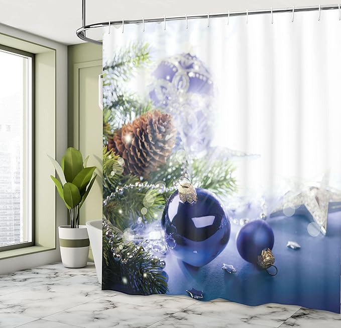 Ambesonne Christmas Shower Curtain, Colorful Blue Toned Ornaments of Winter Holidays Seasonal Motifs Print, Cloth Fabric Bathroom Decor Set with Hooks, 69" W x 70" L, Blue Grey White