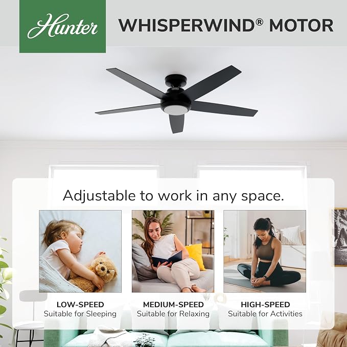 Hunter Zayden, Indoor, Ceiling Fan, Standard Mount, 52 inch, Matte Black | with LED Light and Remote Control, Quiet, 5 Blades, For Bedroom, Living Room, Kitchen, 51694