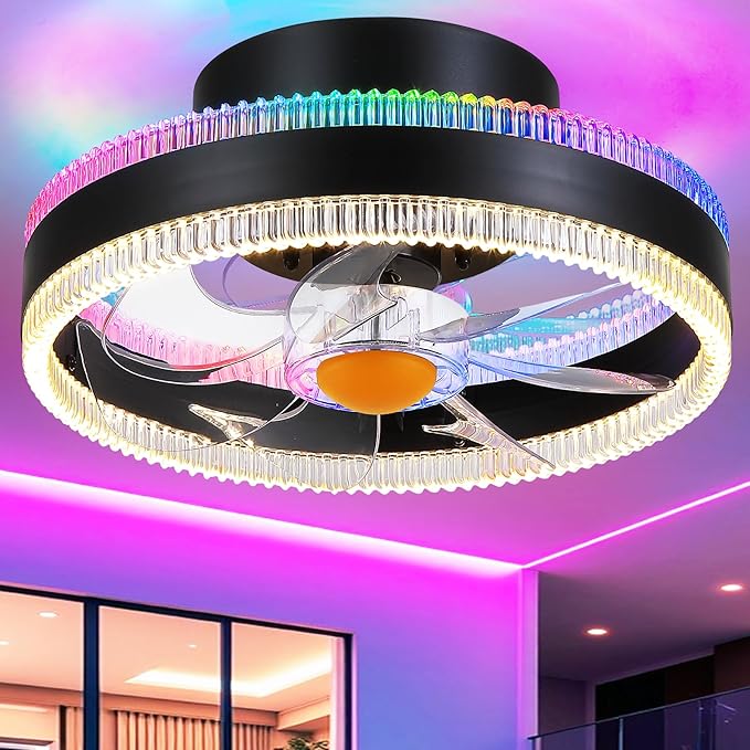 Mpayel Flush Mount Ceiling Fans with Lights - RGB Low Profile Ceiling Fan,13" Small Dimmable LED Bladeless Ceiling Fans, Modern Enclosed LED-RGB Ambient Light for Bedroom, Kids Room, Party