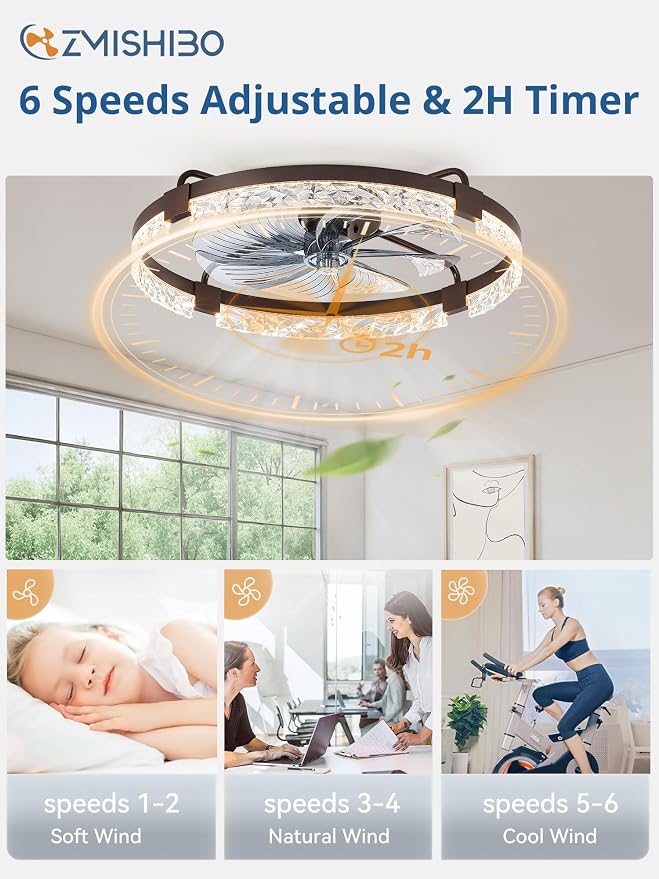 ZMISHIBO 24 Inch Flush Mount Ceiling Fan with Light, Bladeless | Low Profile Enclosed, 6 Speeds Reversible DC Motor, 3CCT Dimmable, Smart App Control, For Bedroom Kids Room