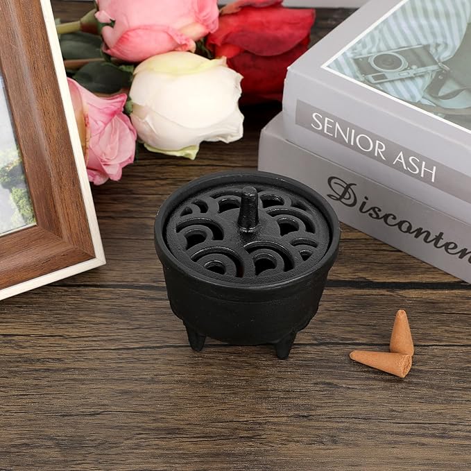 JUXYES Vintage Tripod Incense Burner Holder with Lid, Cast Iron Incense Holder Metal Cauldron Censer Antique Cone Coil Incense Burner Holder for Incense Resins, Cones, Charcoal or Wax Melts