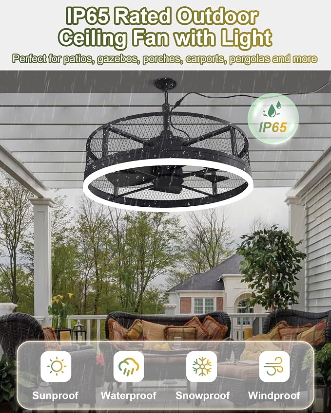 20'' Outdoor Ceiling Fan with Light, IP65 Waterproof Gazebo Hanging Fan, Remote Control, 3CCT, 6-Speed, Plug-in Caged Ceiling Fan for Patio Porch Pergola, Works with Alexa & Google Assistant