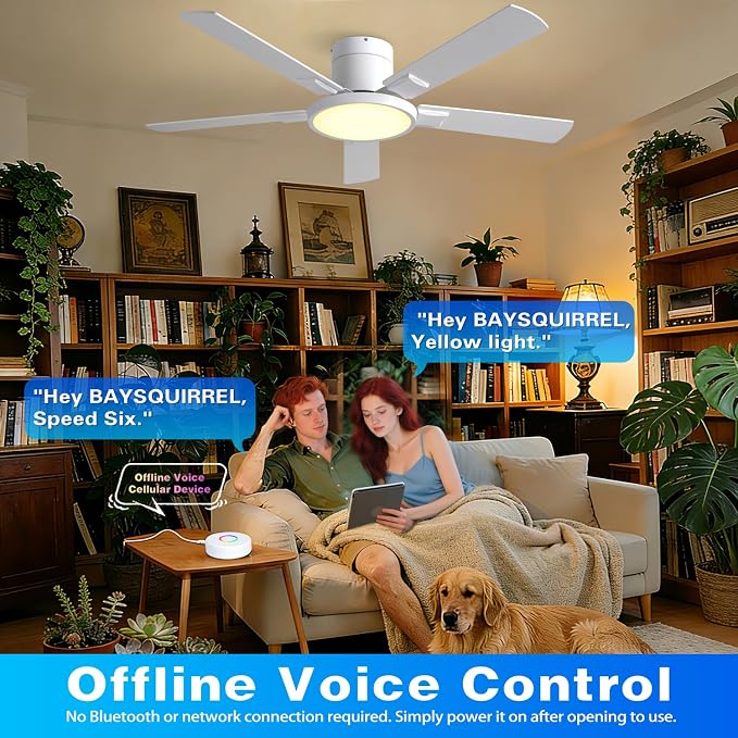 Ceiling Fan with Lights, Smart Flush Mount Ceiling Fan with Remote/APP/Offline Voice Control, 6 Speeds Reversible, 3-Color Dimmable LED,Modern Low Profile Ceiling Fan for Bedroom Living Room 52"
