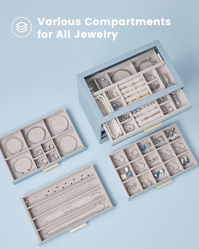 Lolalet Jewelry Box Organizer, 6-Layer Jewelry Organizers and Storage Case with Glass Lid, Ring Earring Bracelet Necklace Holder Organizer, Birthday Valentine Gifts for Women Girls -6Layer, HazeBlue