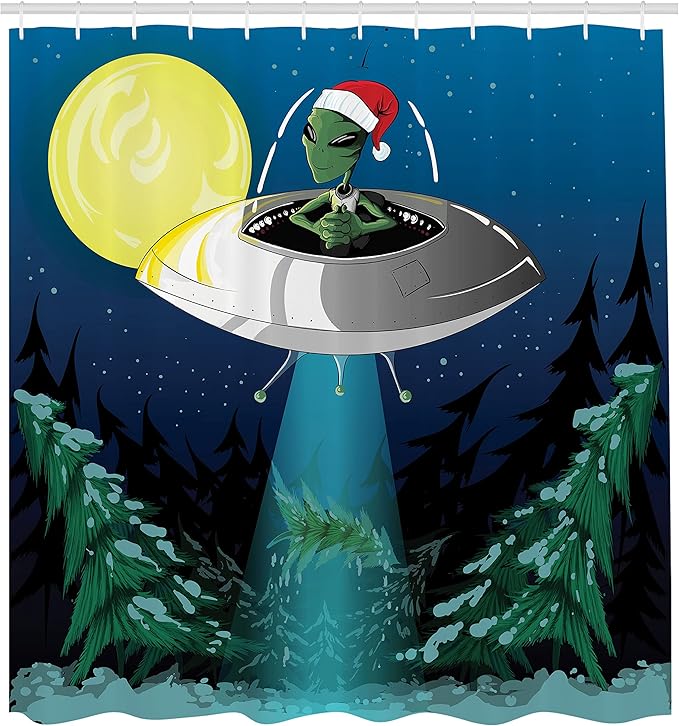 Ambesonne Outer Space Shower Curtain, Alien Santa Claus Hat naps a Tree with Ornaments Night Airship Print, Cloth Fabric Bathroom Decor Set with Hooks, 69" W x 70" L, Green Blue