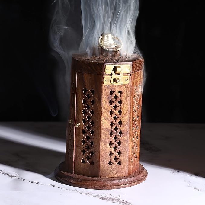 Bless-International Traditional-Handmade-Burner Wooden-Incense-Stick-Holder Ash-Catcher-Stand for-Aromatherapy-Meditation-Yoga (7 Inch Letter Box Wooden Charcoal/Cone)