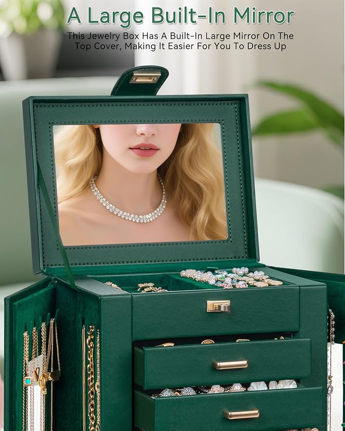AKOZLIN 6-Tier Jewelry Box Organizer Functional 5 Drawers Leather Jewelry Storage Case for Women Girls Ring Necklace Earring Bracelet Holder Organizer with Mirror Green 360° Rotating