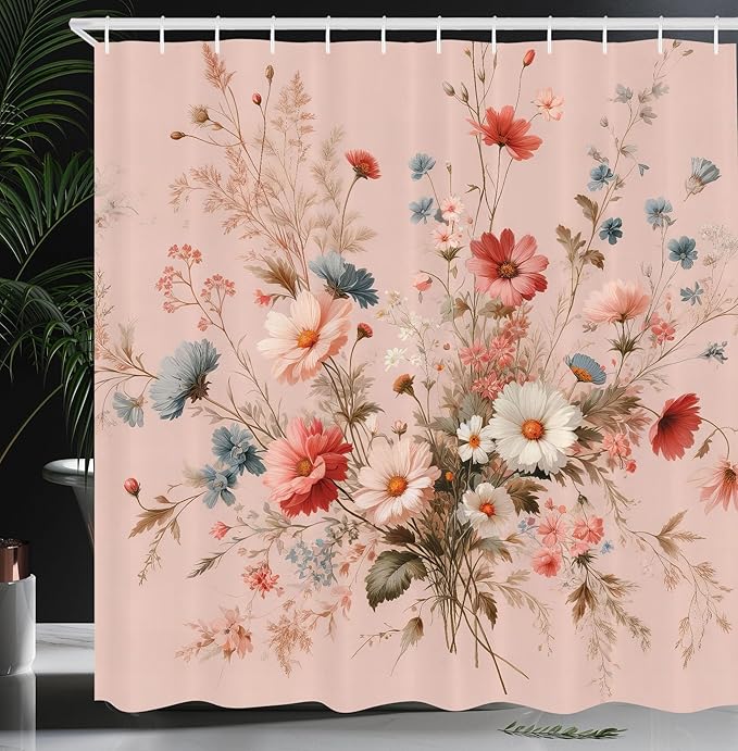 Ambesonne Floral Shower Curtain, Countryside Farmhouse Vibe Romantic Wild Flowers Arrange Plain Back, Cloth Fabric Bathroom Decor Set with Hooks, 69" W x 70" L, Blush Blue Grey Pale Rose