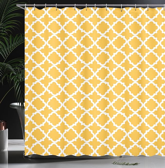 Ambesonne Quatrefoil Shower Curtain, Vintage Classic Pattern with Monochrome Elements in Old Fashioned Style Print, Cloth Fabric Bathroom Decor Set with Hooks, 69" W x 70" L, Mustard White