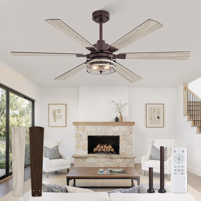 56 Inch Farmhouse Ceiling Fans with Lights and Remote,Industrial Large Ceiling Fan with 6-Speed Reversible DC Motor and 6 Dual Finish Blades,Oil Bronze Ceiling Fan with Light for Living Bedroom Patio