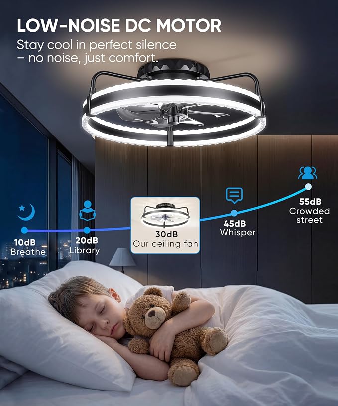Ceiling Fan with Lights, 20'' Low Profile Ceiling Fans, 3000-6500K Dimmable Fandelier LED Fan Light, Black Modern Flush Mount Ceiling Fan, 6 Speeds Reversible DC Motor Noiseless for Bedroom, Kids Room