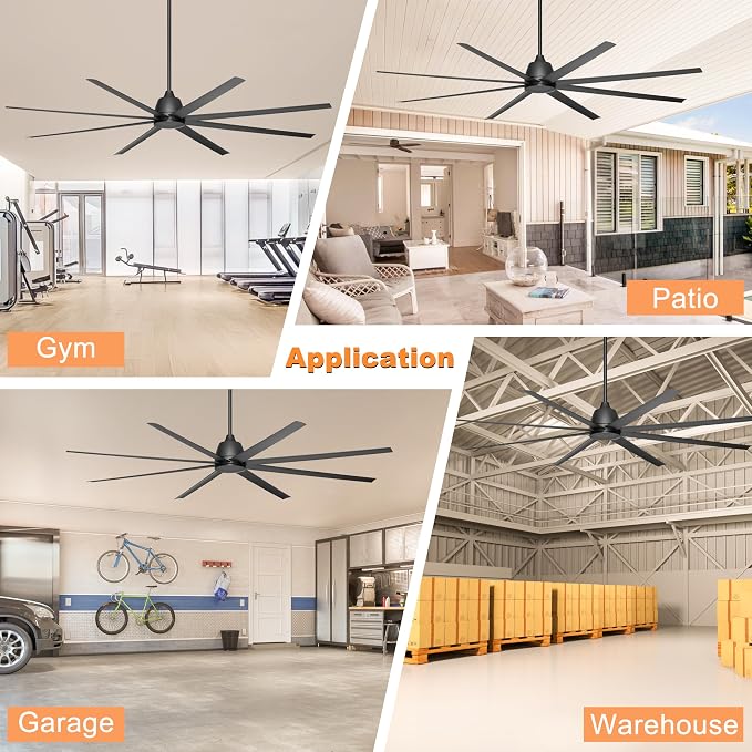 96" Industrial Ceiling Fan No Light, Large Ceiling Fan with Remote/APP Control, Outdoor Ceiling Fans with 8 Blades, DC motor for Commercial Shop Garage Warehouse Black Without Light