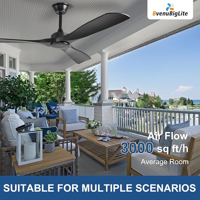 Ceiling Fan Without Light: 52 Inch Outdoor Fan for Patios - Black Ceiling Fan No Light Indoor - Modern 3 Blade Fan with Remote APP Control Reversible 6 Speed DC Motor
