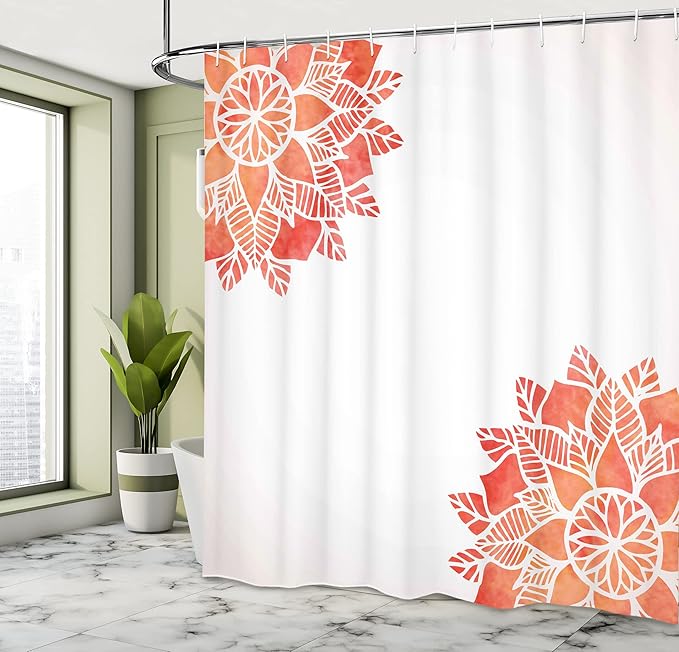 Ambesonne Floral Shower Curtain, Watercolors Lace Flower Petals in Soft Pastel Tones with Eastern Effect Design, Cloth Fabric Bathroom Decor Set with Hooks, 69" W x 75" L, Coral White