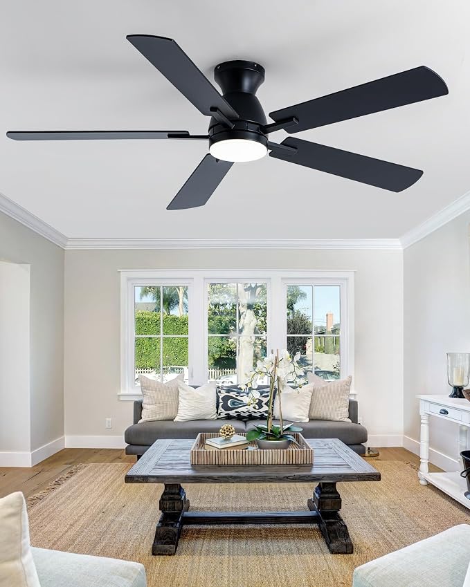 Coolwind 52in 5 Blade Black Flush Mount Dimmable Ceiling Fan | APP and Remote Control, Low Profile Bedroom Ceiling Fan with 6 Speeds & 3CCT, Quiet DC Motor for Indoor/Outdoor Use