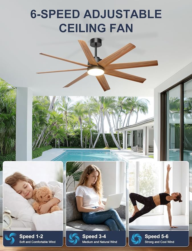Ohniyou 60'' Ceiling Fan with Light - 8 Blades Modern Farmhouse Ceiling Fan Remote/APP Control, Dimmable, Covered Outdoor Fan for Patio, Living Room, Black+Wood Color