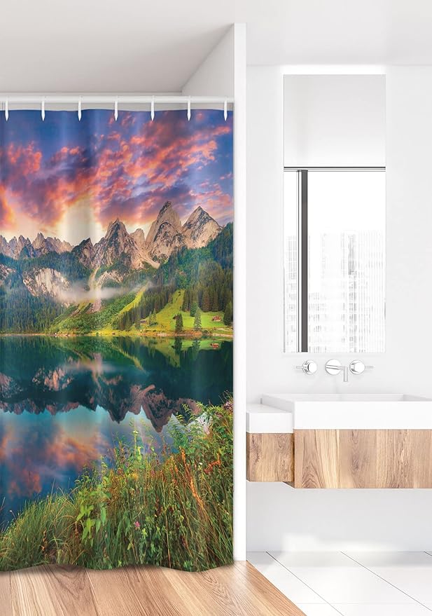 Ambesonne Landscape Stall Shower Curtain, Summer Sunrise on Vorderer Gosausee Lake in The Austrian Alp Mountains, Fabric Bathroom Decor Set with Hooks, 36" W x 72" L, Pink Green
