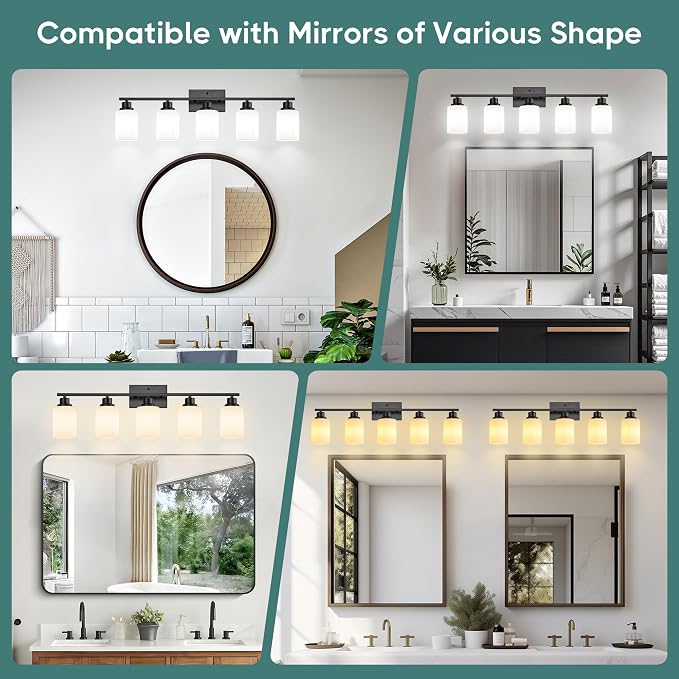 Ascher Bathroom Light Fixtures, 5-Light Vanity Light Over Mirror, Matte Black Wall Sconces with Milky White Frosted Glass Shades, Wall Lamp for Living Room Bedroom, E26 Base(Bulbs Not Included)