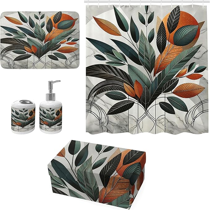 Ambesonne Boho Bathroom Decor Set 4 Pcs, Shower Curtain Bath Mat Soap Dispenser Toothbrush Holder in a Gift Box Essentials and Accessories, Mid Century Exotic Leaf, Orange Laurel Green Grey