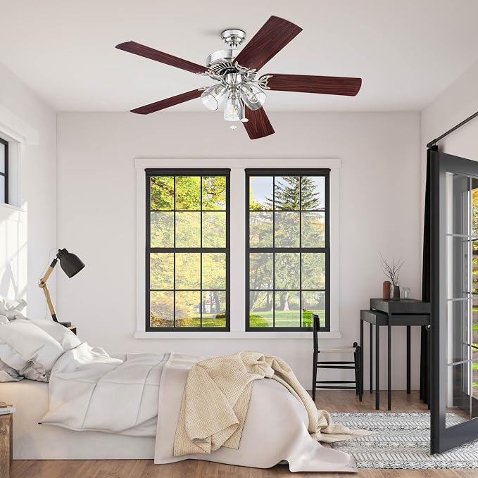 Prominence Home Saybrook Modern Farmhouse 52 Inch Ceiling Fan with Light, LED Ceiling Fan, Tri-Mount Indoor Fan with 5 Blades, Gray Oak and Brown Walnut Blade Finish Options, Matte Nickel (51592-01)