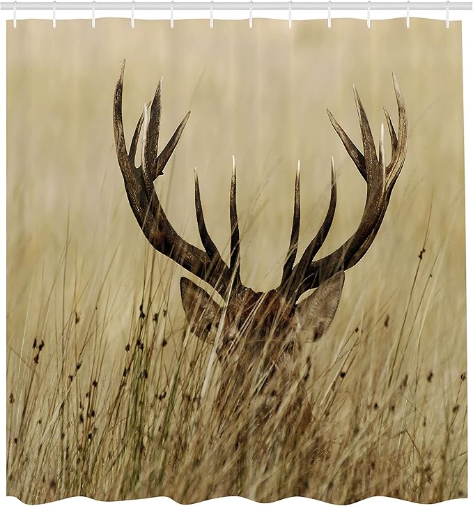 Ambesonne Antler Shower Curtain, Whitetail Deer Fawn in Wilderness Stag in Countryside Rural Hunting Theme, Cloth Fabric Bathroom Decor Set with Hooks, 69" W x 70" L, Brown Sand Brown