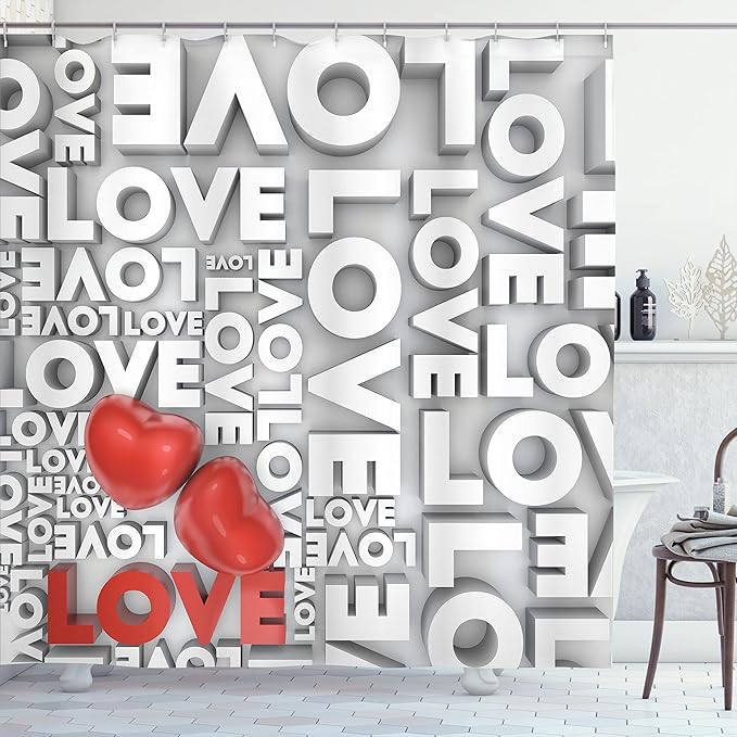 Ambesonne Love Shower Curtain, Macro Big Texts Lettering Setting Passionate Emotions Feelings Sweetheart Design, Cloth Fabric Bathroom Decor Set with Hooks, 69" W x 70" L, Grey Red White