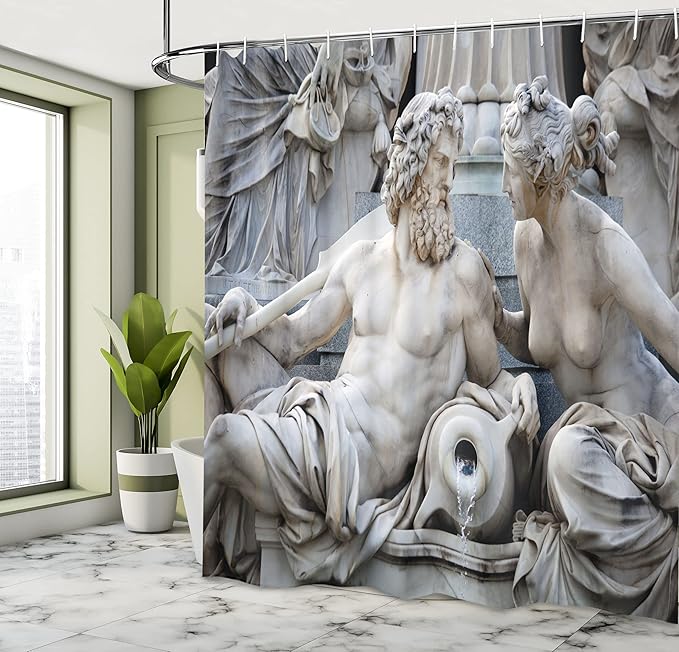 Ambesonne Retro Shower Curtain, Male Female Athena Fountain and Building of Austrian Parliament, Cloth Fabric Bathroom Decor Set with Hooks, 69" W x 70" L, Black and White