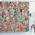 Ambesonne Abstract Shower Curtain, Collage of a Newspaper with Clippings and Alphabets Cuttings in a Diversity of Letters Digital, Cloth Fabric Bathroom Decor Set with Hooks, 69" W x 75" L, Red Blue